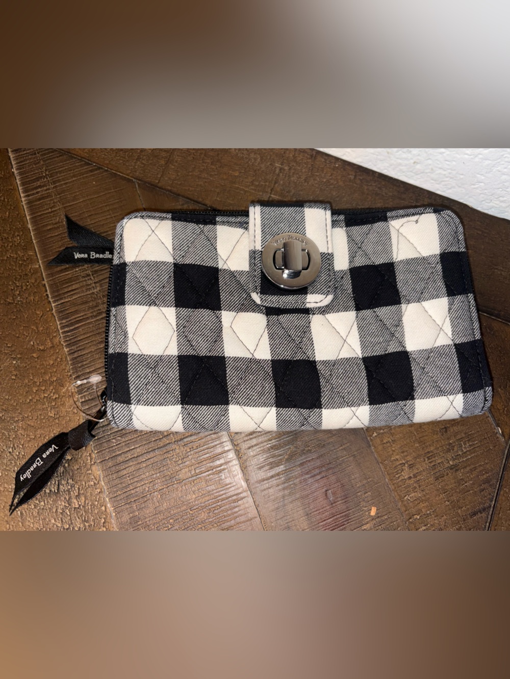 Vera Bradley Black & White Quilted Check Phone Wallet with Turn-Lock
